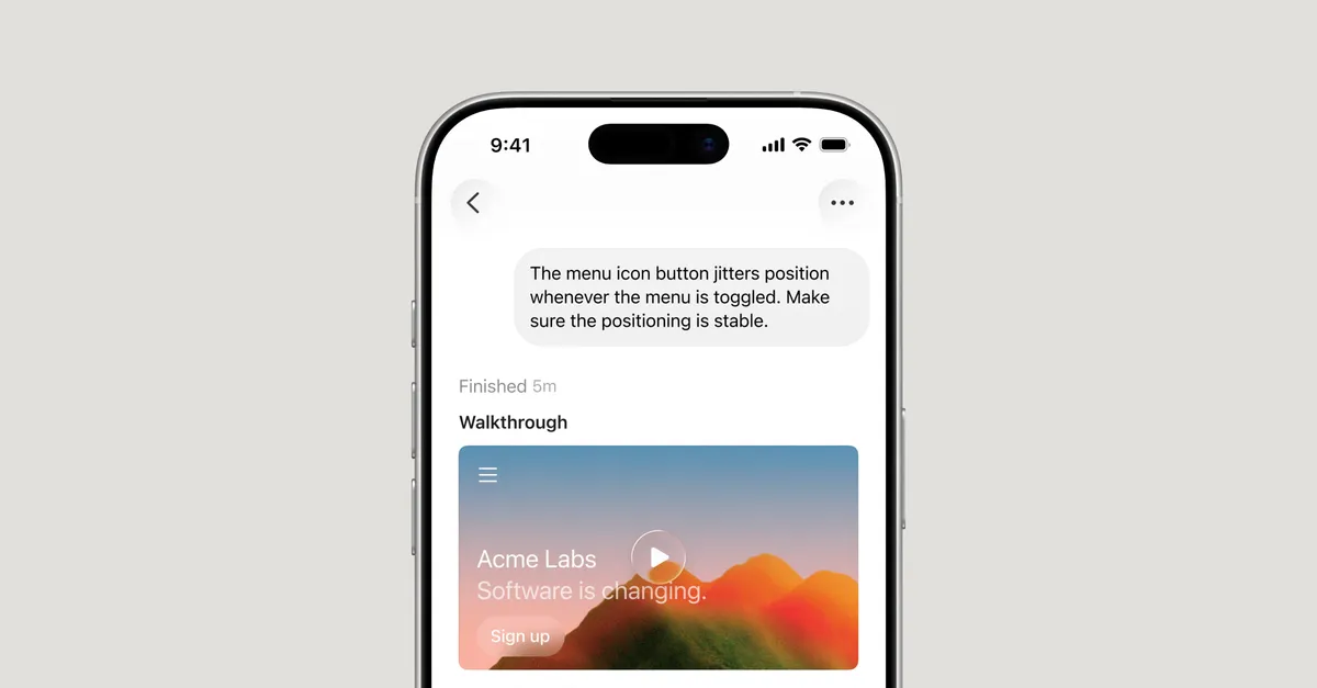 CursorモバイルアプリのiOS画面。エージェントへの指示とウォークスルー表示