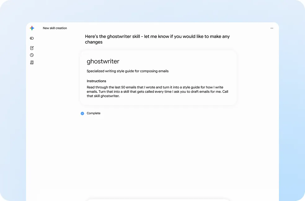 Gemini Sparkでメール文体のスキル（ghostwriter）を作成している公式画面