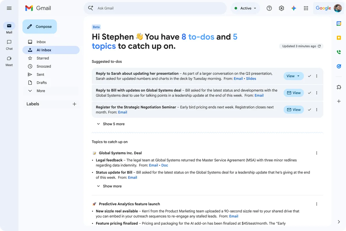 GmailのAI Inbox設定画面（Workspace Business/Enterprise向け）