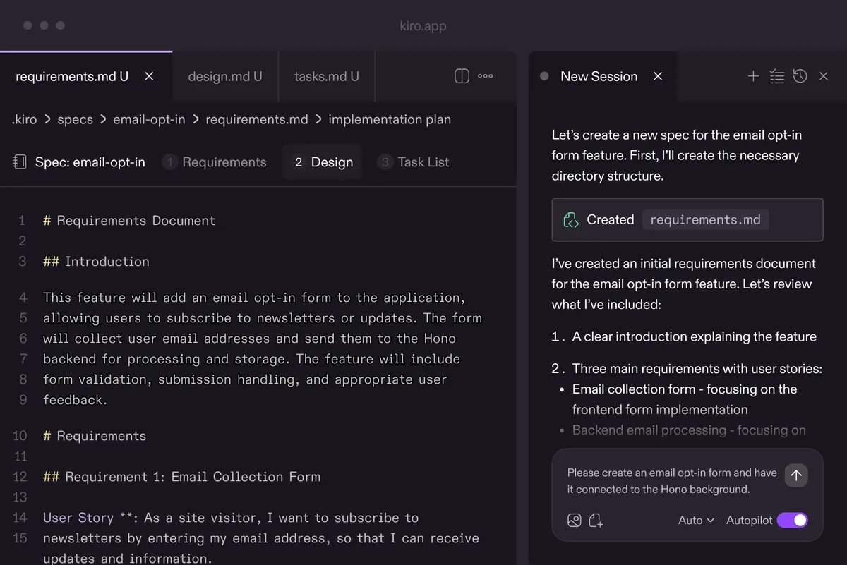Kiroの仕様駆動開発画面 — 要件定義を自動生成するSpec機能のインターフェース