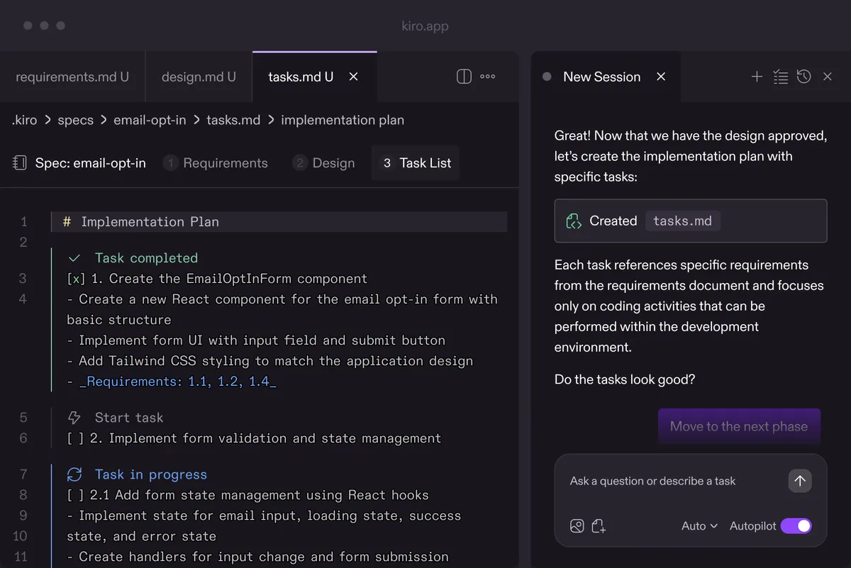 Kiroの仕様駆動開発 — タスク分解（Tasks）画面のスクリーンショット