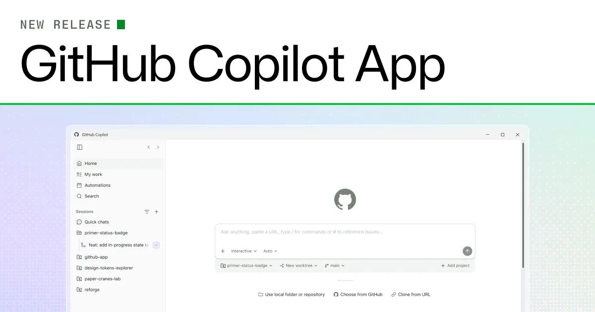 GitHub Copilot appの開始画面（ローカルフォルダ・GitHub・URLからリポジトリを選ぶ）
