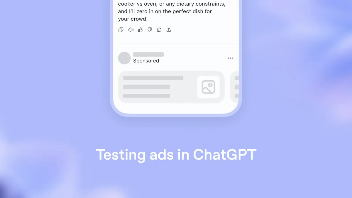 OpenAI公式「Testing ads in ChatGPT」の画像。回答の下にSponsoredラベル付きの広告枠が表示される