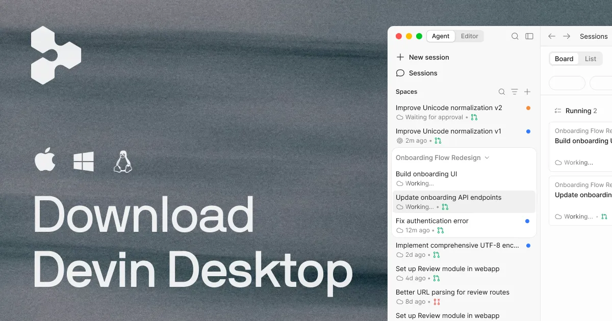 Devin Desktop（旧Windsurf）ダウンロード画面とエディタUI