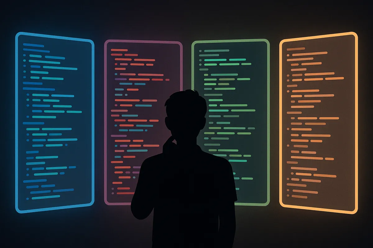 AIコーディングツール4種を比較検討する開発者のイメージ（Cursor・GitHub Copilot・Claude Code・Windsurf）