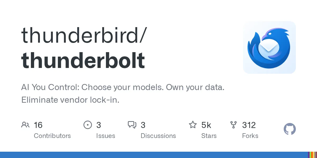 Mozilla Thunderbolt 公式GitHubリポジトリのカード(『Choose your models. Own your data. Eliminate vendor lock-in.』のメッセージ)