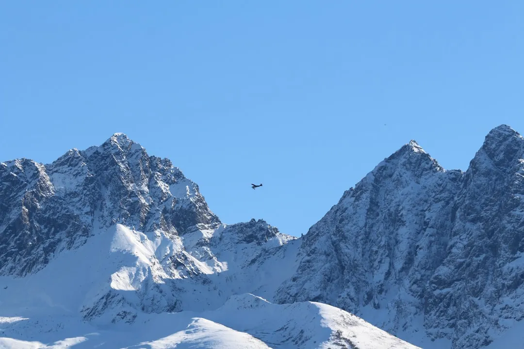 雪をまとった山岳地帯の上空。救助要請は通信環境と天候に大きく左右される