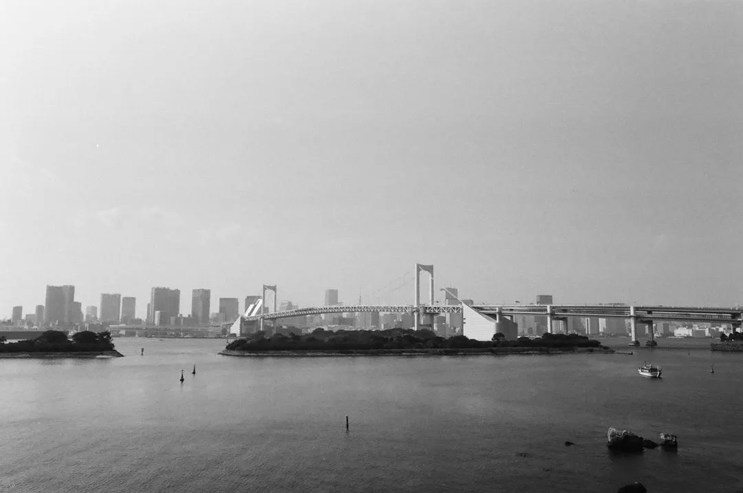 お台場から見た東京湾とレインボーブリッジ、都心のビル群