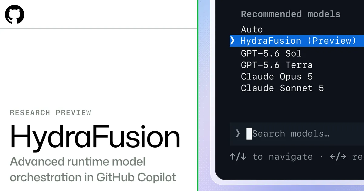 Copilot CLIのモデル選択画面で「HydraFusion (Preview)」を選んでいる様子。AutoやClaude Opus 5と並ぶ選択肢の1つになっている