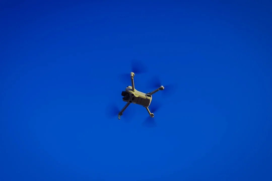 青空を飛行するドローン。高所のハチの巣駆除では人が操縦するドローンが危険作業の代替手段として使われている