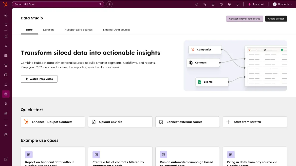 HubSpot Data Hubのデータスタジオ画面。会社・担当者などのHubSpotデータと外部データソースをつなぐ様子