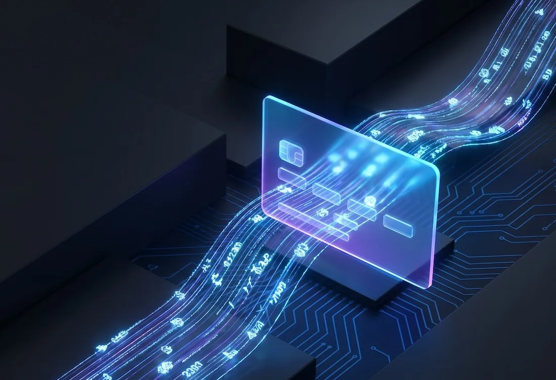 Amex Intent Intelligenceを紹介するAmerican Express技術ブログのメイン画像（カードとデータの流れのイメージ）
