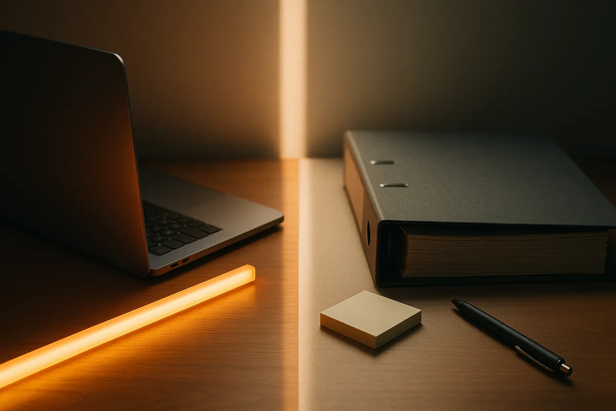 ノートPCと紙のバインダーを光の線で分けた机。自動化できる業務とできない業務の境界のイメージ