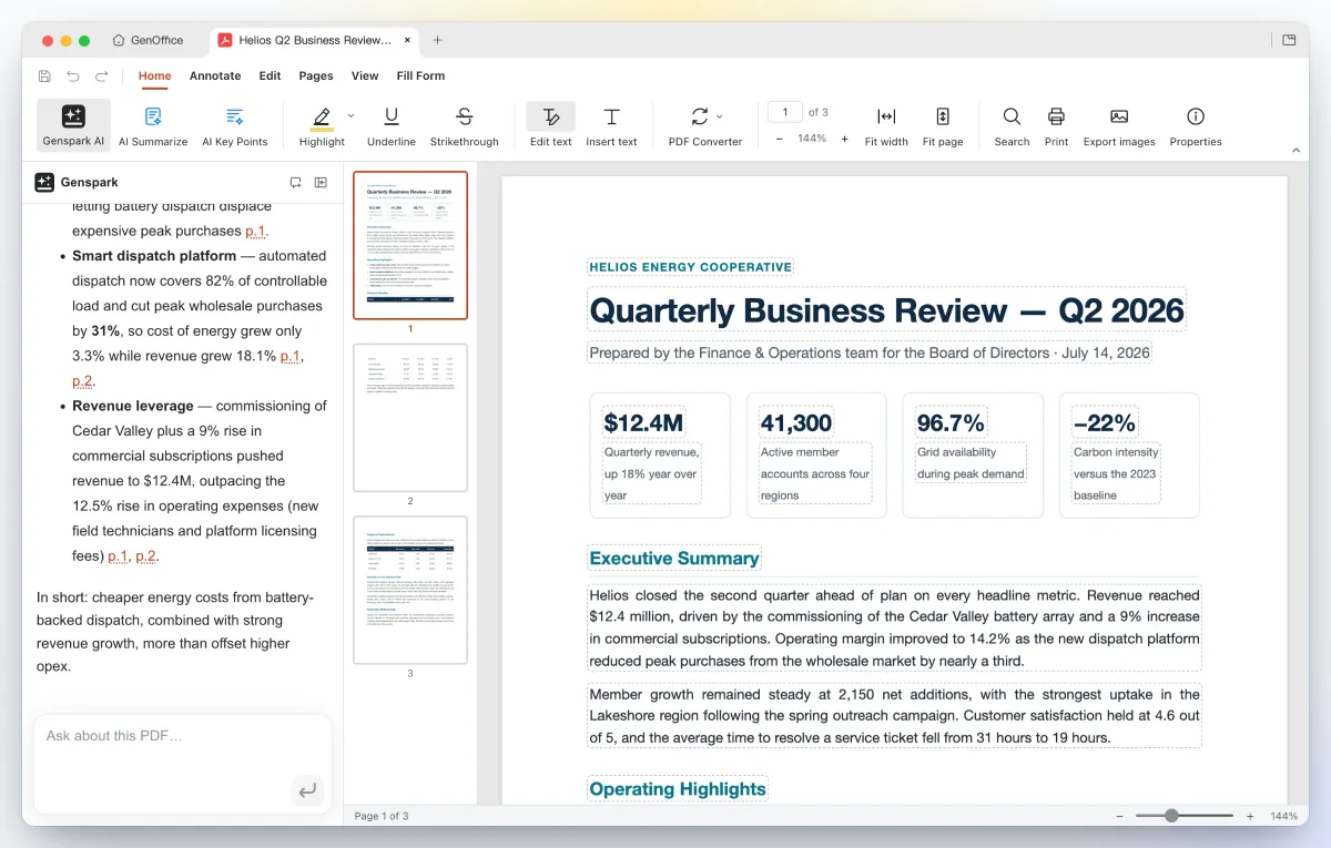 GenOfficeのPDFエディタでテキストを直接編集しながら、AIパネルがページを引用して質問に回答する画面