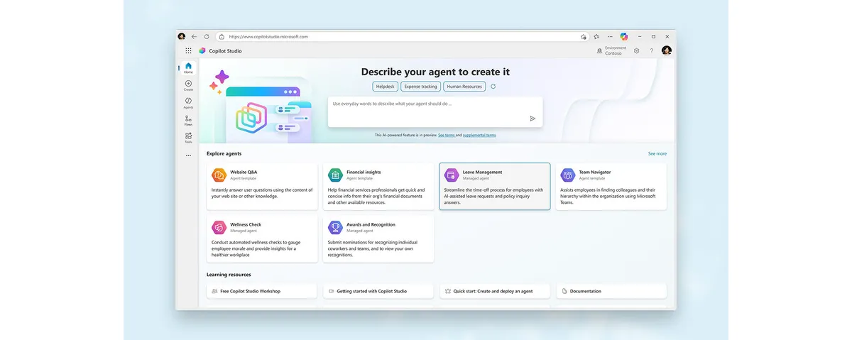 Microsoft Copilot Studioでエージェントを作成・管理する画面