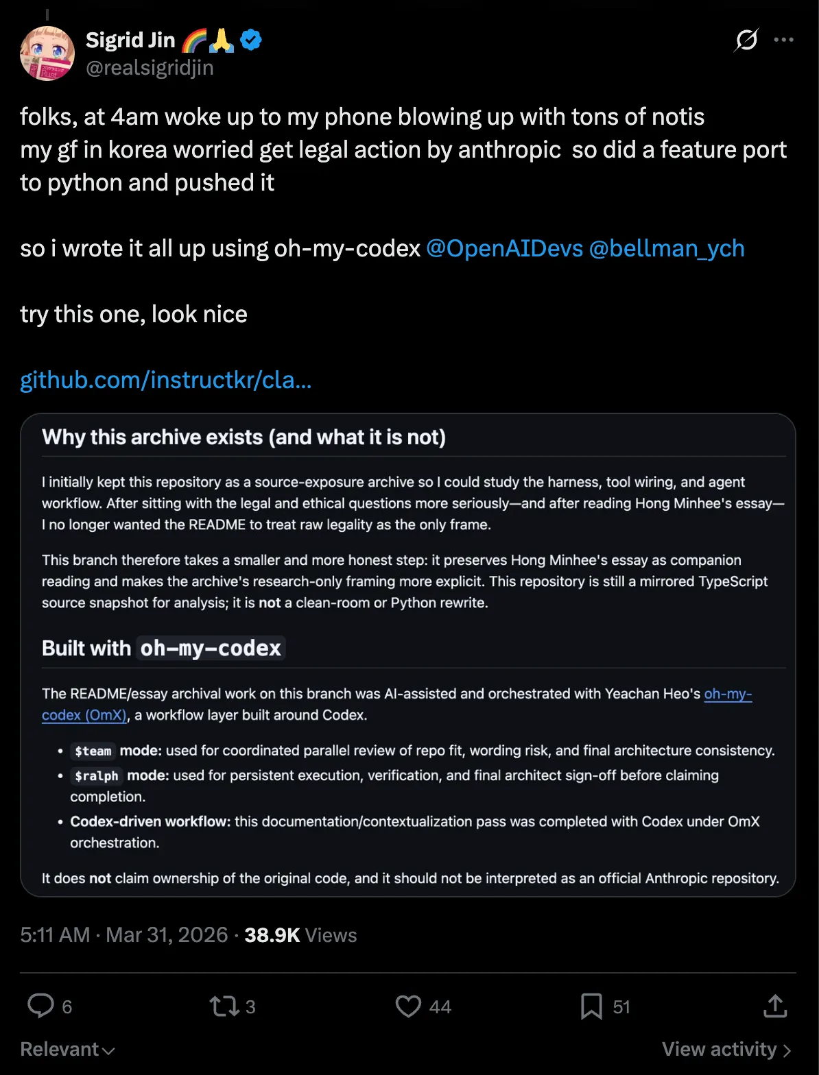 Claw Code公開時のツイートスクリーンショット」 width=