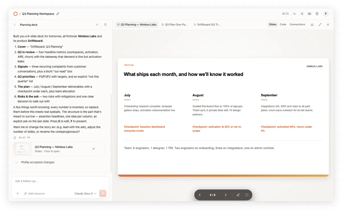 Cloudflare OS のワークスペース画面。AIが生成したQ3プランニング用スライドが表示されている