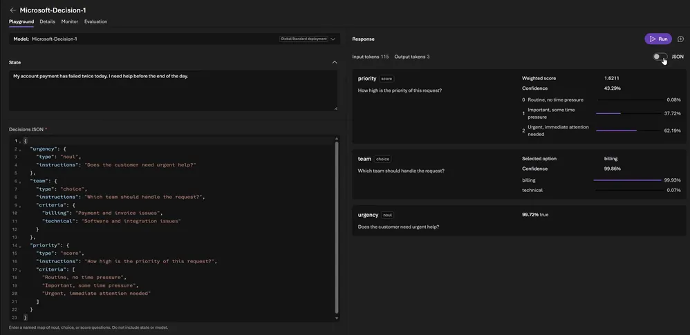 Microsoft FoundryのプレイグラウンドでMicrosoft-Decision-1にnoul・choice・scoreの3種類の質問を送り、確率付きの結果が返ってきた画面