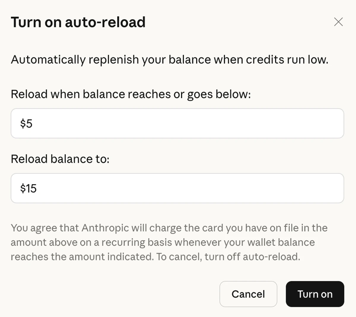 Claudeの利用クレジット自動補充（auto-reload）設定画面