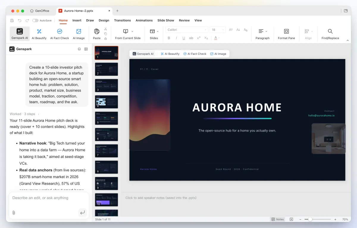 GenOffice Slidesで1行の指示からAIが投資家向けスライドを生成した画面