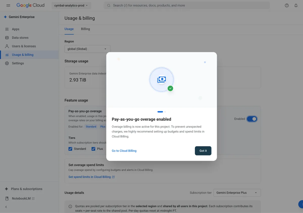 Google Cloudの請求コンソールでプロジェクトの支出上限超過時に従量課金を有効にする設定画面