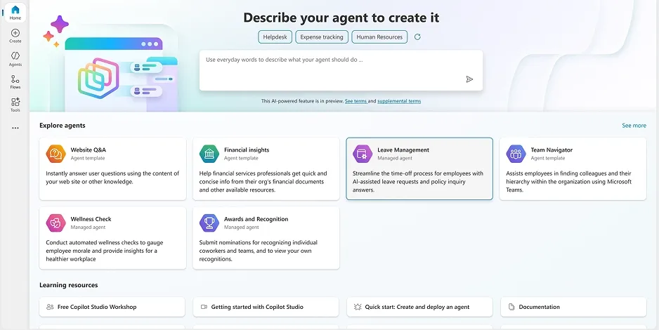 社内向けのAIエージェントを作成できるMicrosoft Copilot Studioの管理画面