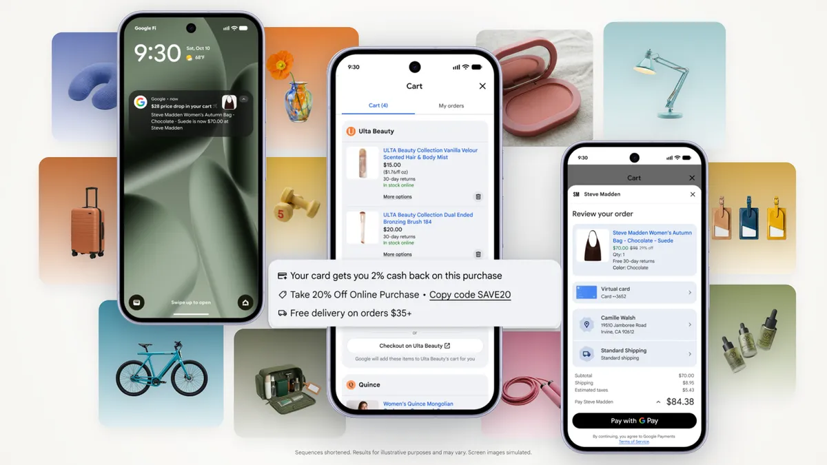 Google Universal Cartのカート画面と値下げ通知・Google Payでの支払い画面