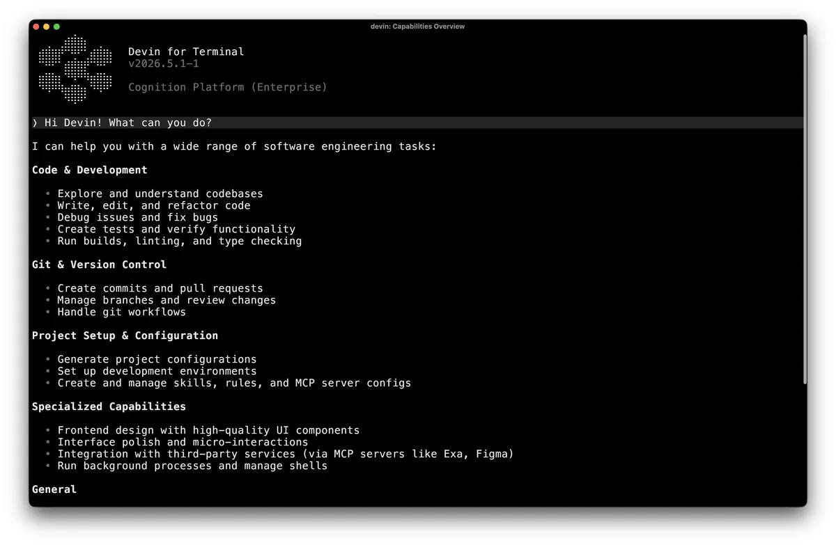 ターミナルでDevin CLIを起動し機能一覧を表示した画面