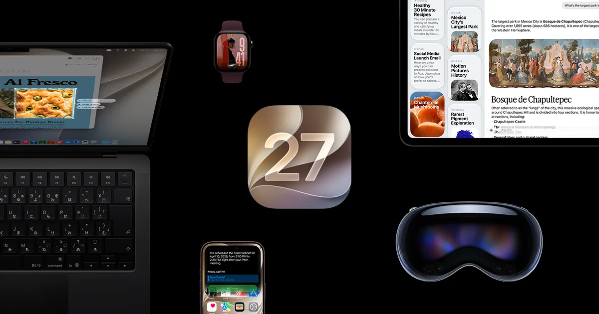 iOS 27のアイコンとMac・iPad・iPhoneなどApple製品の公式イメージ