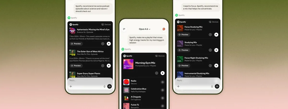 ClaudeとSpotifyの連携を示すUI画面：音楽推薦プロンプトとプレイリスト結果