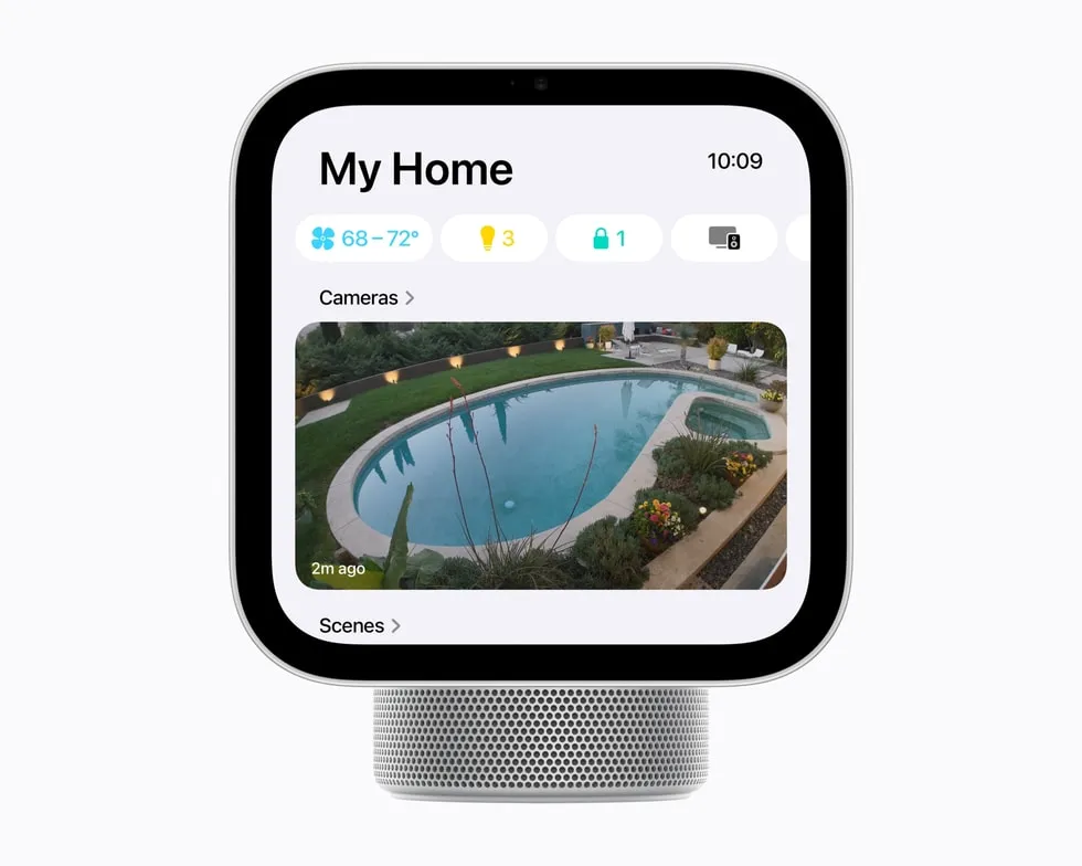 Apple HomeViewのHomeアプリ画面に防犯カメラの映像が表示されている様子