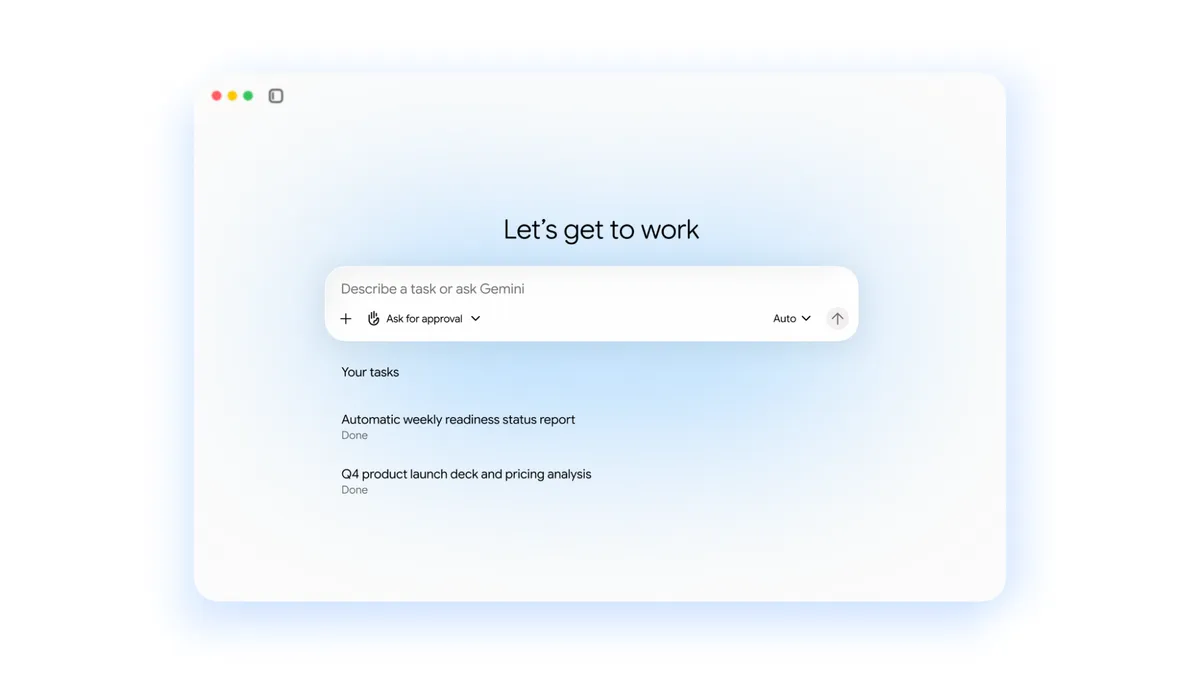 Gemini エージェントにタスクを依頼する画面。承認を求める設定やタスクの一覧が表示されている