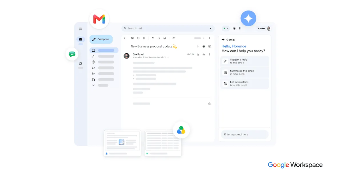 Gmailの受信メールに対してAIが返信案の提案や要約を行う画面イメージ