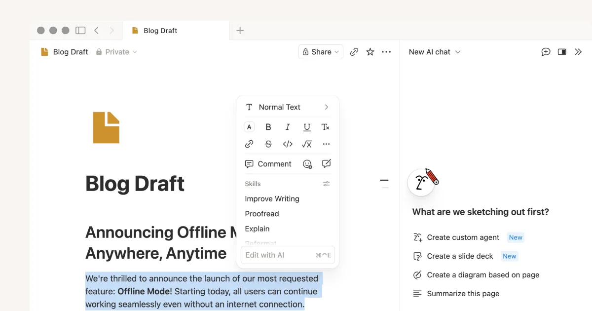 Notion AIで文章を選択してAIで編集するメニューの画面