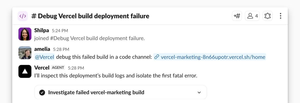 Vercel Agentがコードチャンネルでビルド失敗を調査しているSlack画面