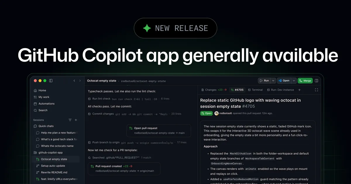 GitHub Copilot appの画面（My Work・セッション一覧とPRのマージ操作）