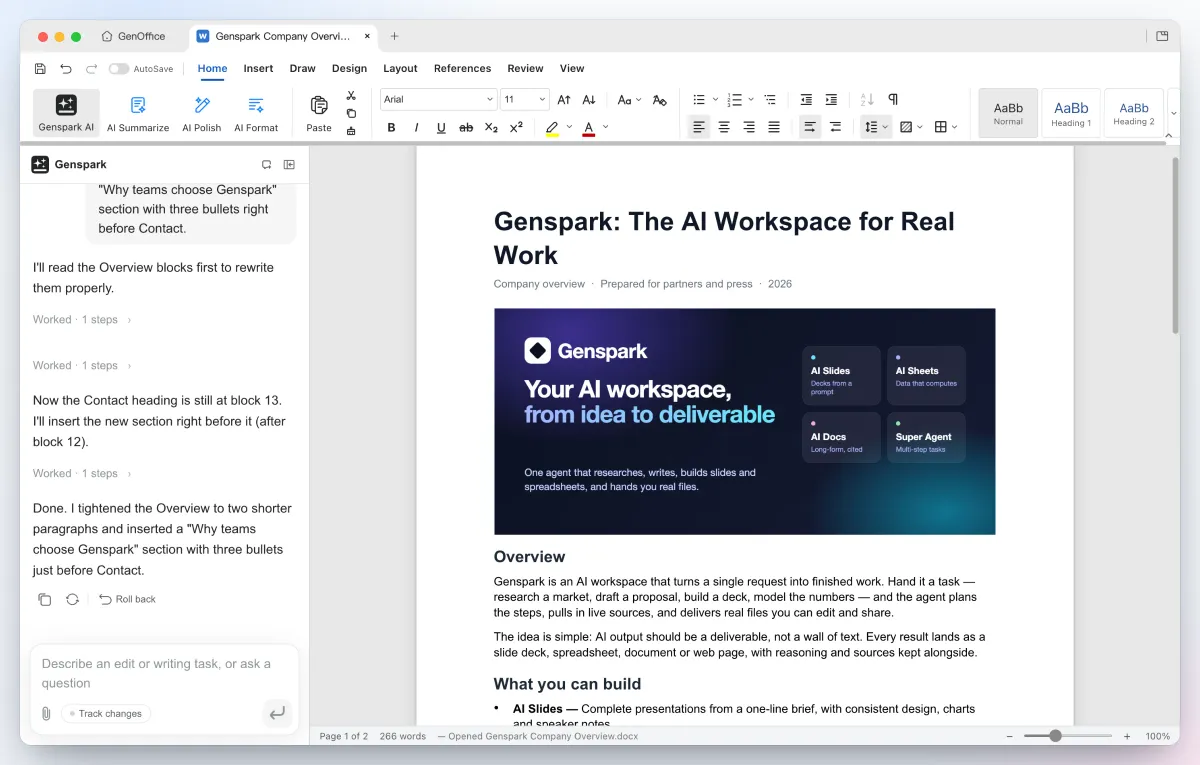 GenOffice DocsでAIが文書の概要を整え、新しい箇条書きセクションを追加した編集画面
