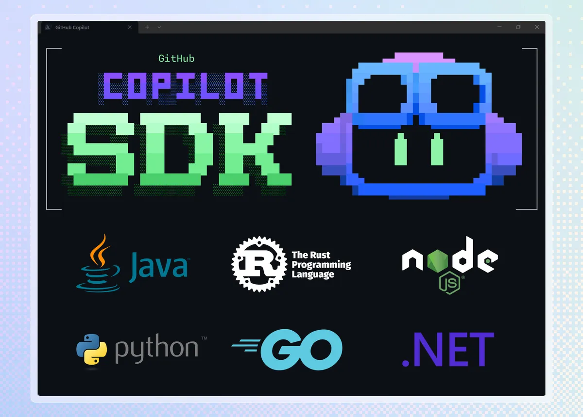 GitHub Copilot SDK対応言語ロゴ（Java・Rust・Node.js・Python・Go・.NET）