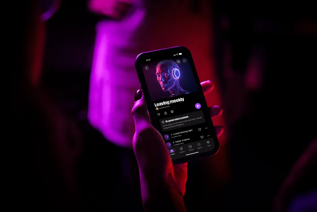 DeezerアプリのアルバムページにAI生成コンテンツの表示が出ている画面
