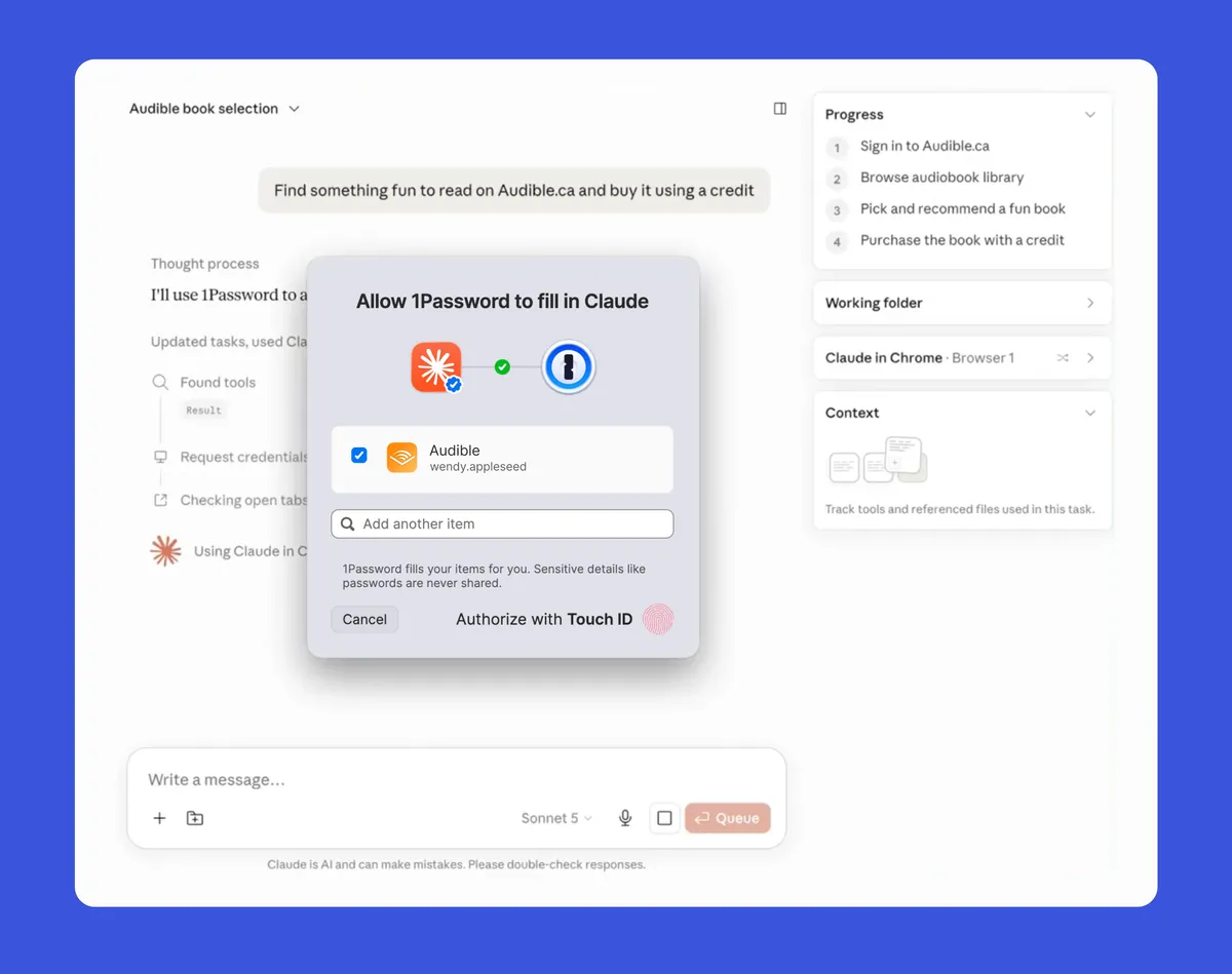 Claudeの画面に1Passwordの入力許可を求めるポップアップが出て、Touch IDで承認する様子