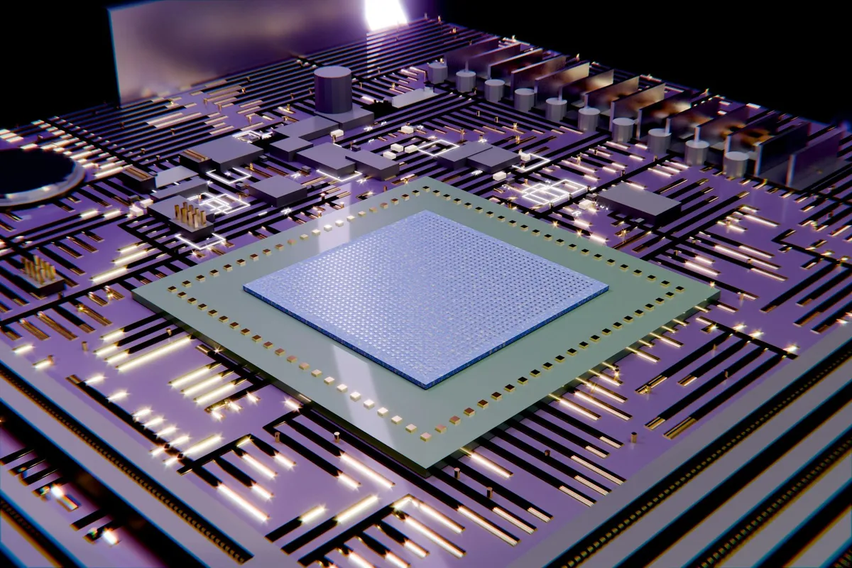 半導体チップと回路基板のクローズアップ。モデルの重みをシリコンに焼き込むHC1の仕組みのイメージ