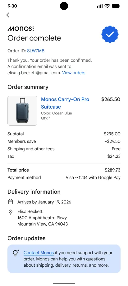 Google UCPの注文管理画面 — AIエージェント経由の注文フロー