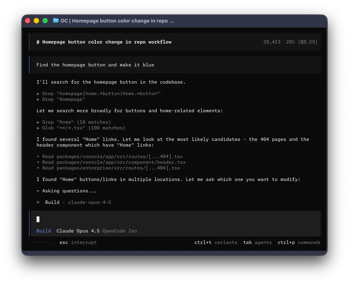 OpenCodeの操作画面とモデル選択
