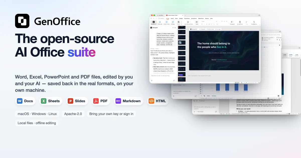 GenOffice公式のイメージ画像。Docs・Sheets・Slides・PDF・Markdown・HTMLに対応したオープンソースのAIオフィス
