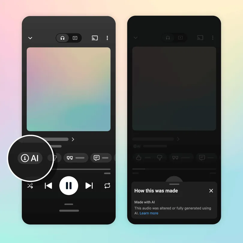 YouTube Musicのプレーヤー画面に表示されるAIラベルと「How this was made」の詳細メニュー