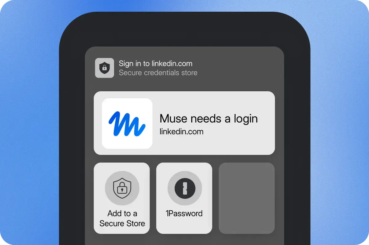 AIエージェントのMuseがLinkedInへのログインを求め、入力元として1Passwordを選べる画面の例