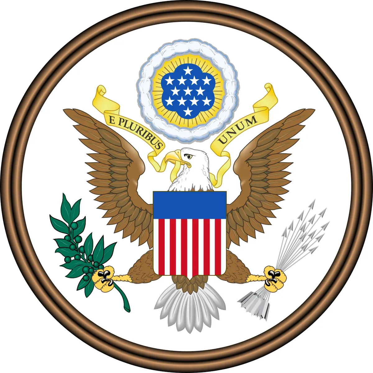 米国国璽（Great Seal of the United States）。通信品位法第230条など連邦法に関連する論点を示す
