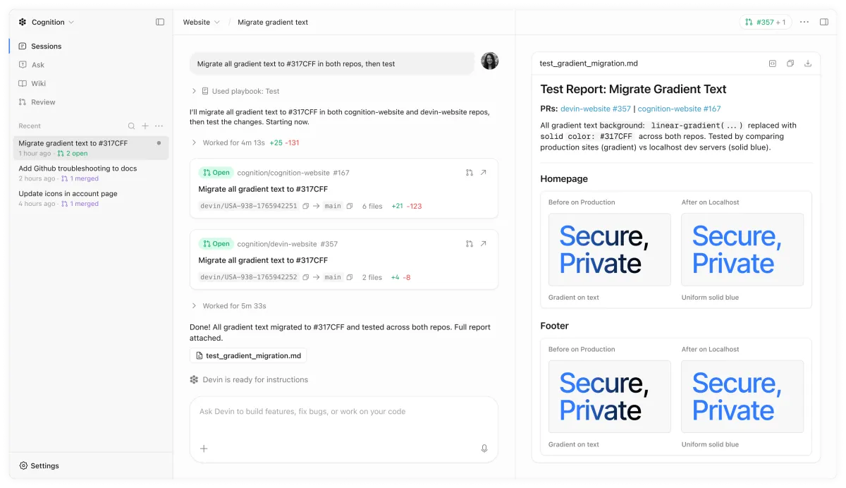 Devin公式WebUIの画面。タスク委任型のインターフェースが特徴