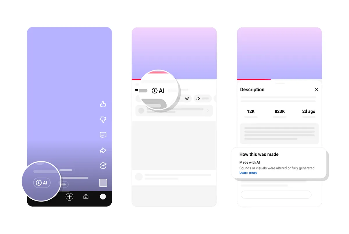 YouTube動画・ショート動画に表示されるAIラベルと「How this was made」パネルの表示例