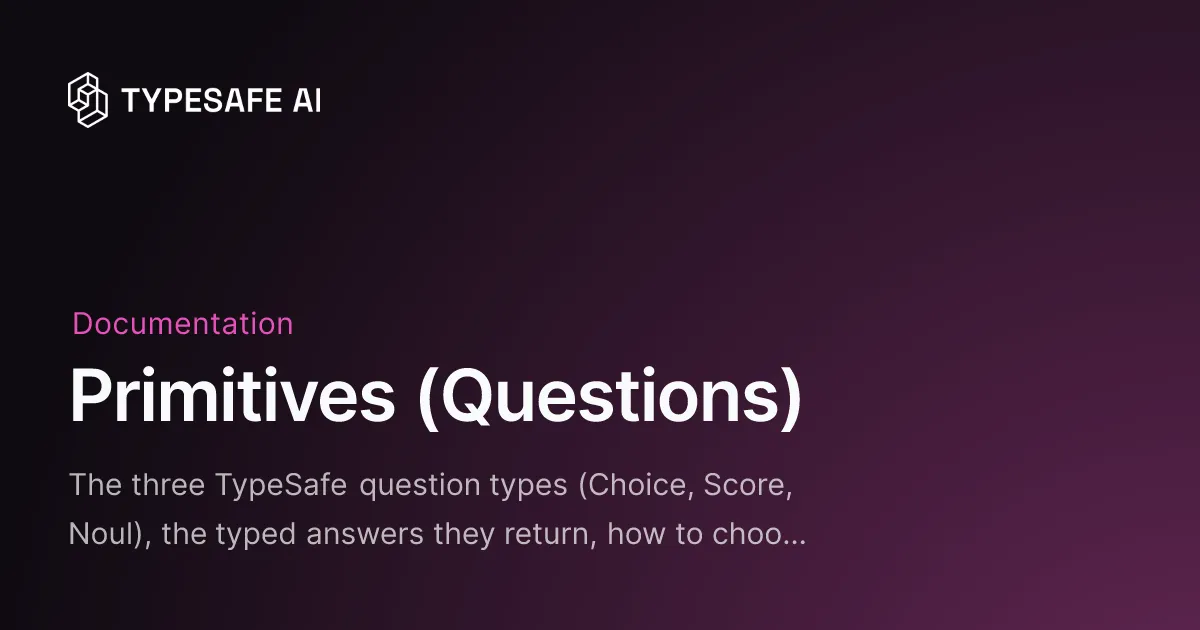 TypeSafe AI公式ドキュメント「Primitives (Questions)」ページ。Choice・Score・Noulの3つの問いを解説
